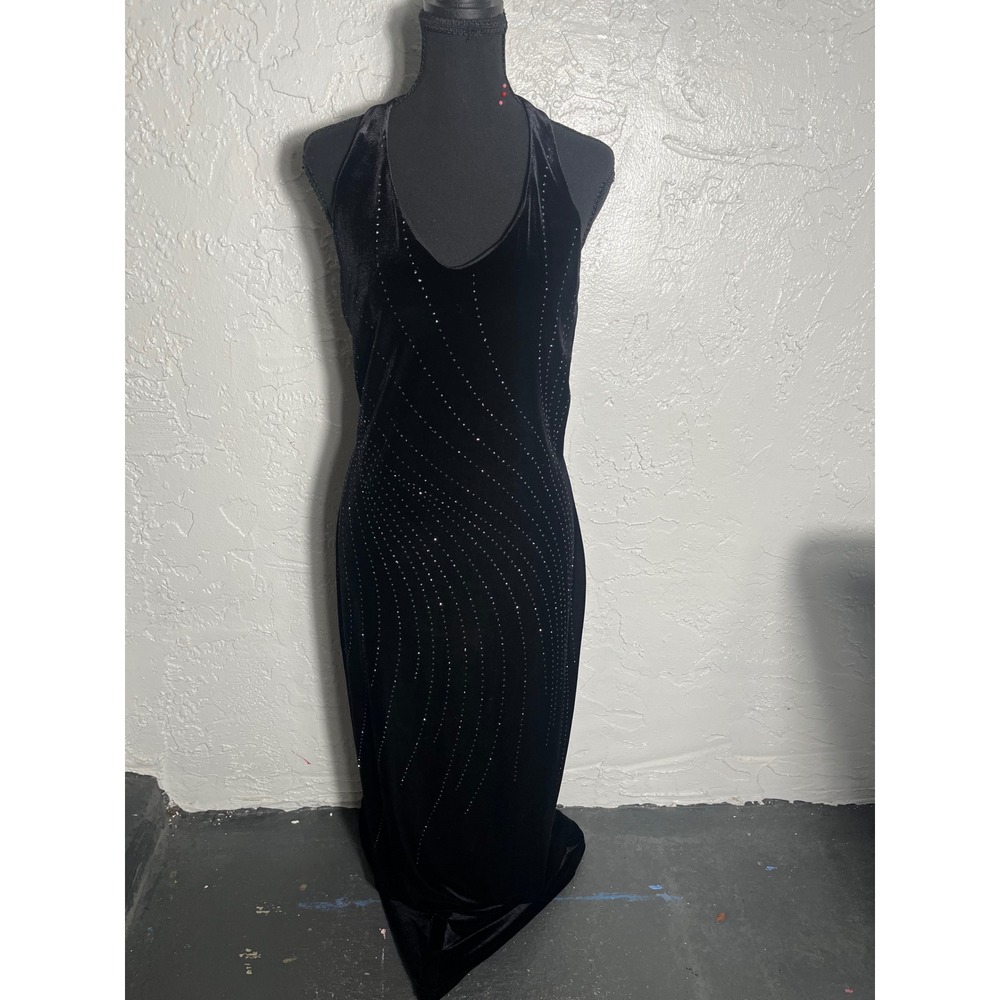 I.N. San Francisco Black Velvet Rhinestone Halter Maxi Dress Size L Y2K